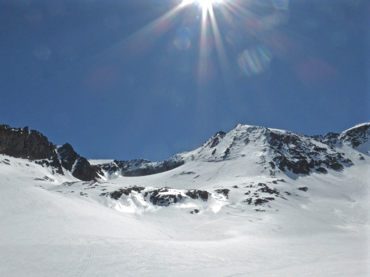 Spring snow down Gros Caval