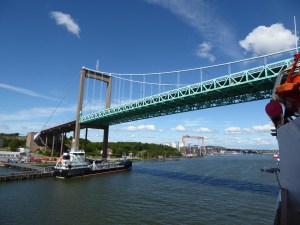 Arriving in Göteborg: squeezing under the gigantic Älvsborg bridge