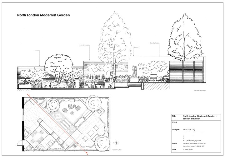 Modernist garden: section-elevation with location plan