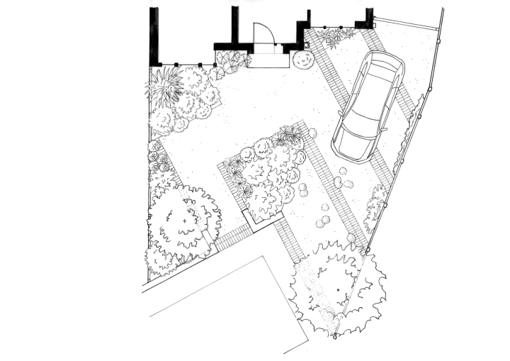 Sustainable front garden - concept, black and white