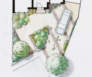 Sustainable front garden with space for people and car