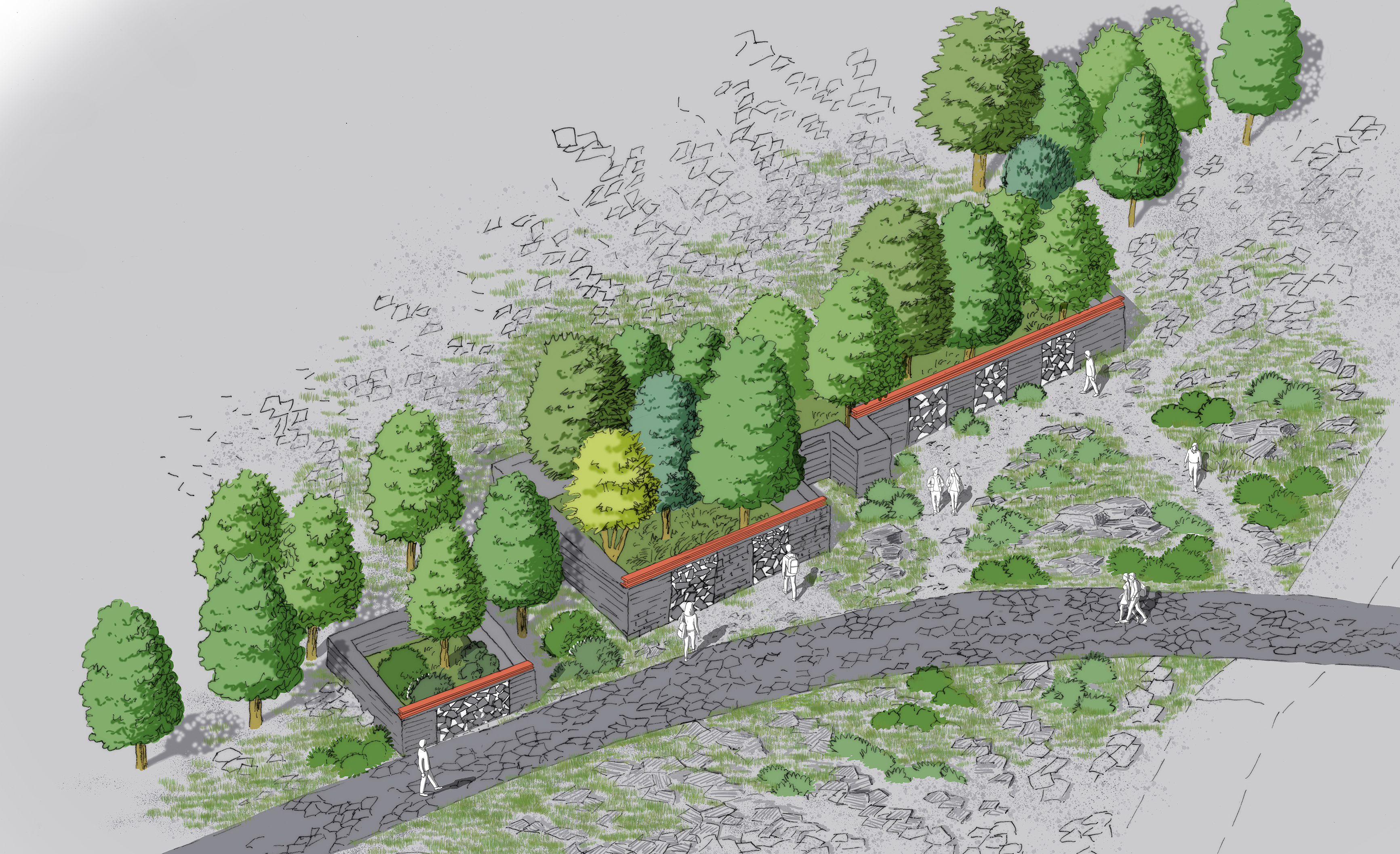 Aerial view of the Foreman's Caban revegetated and protected from grazing goats by slate windows.