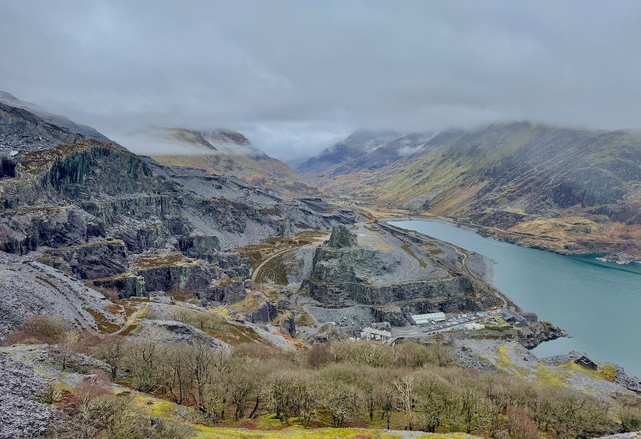 View from Dinorwig quarry across Llyn Peris, with Mount Snowdon in the clouds.