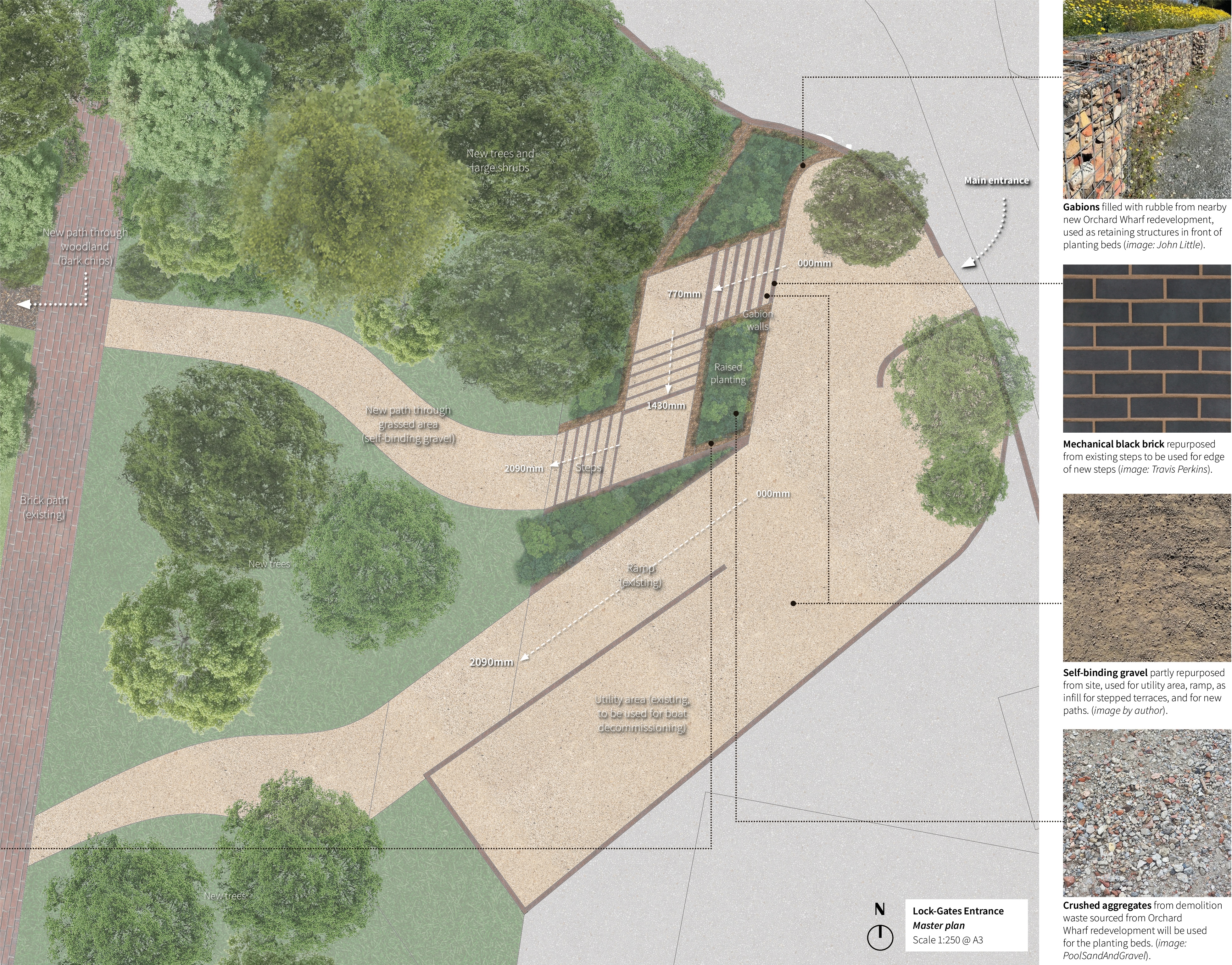 New entrance to East India Docks Basin, with generous planting to provide a sense of arrival and create habitat.