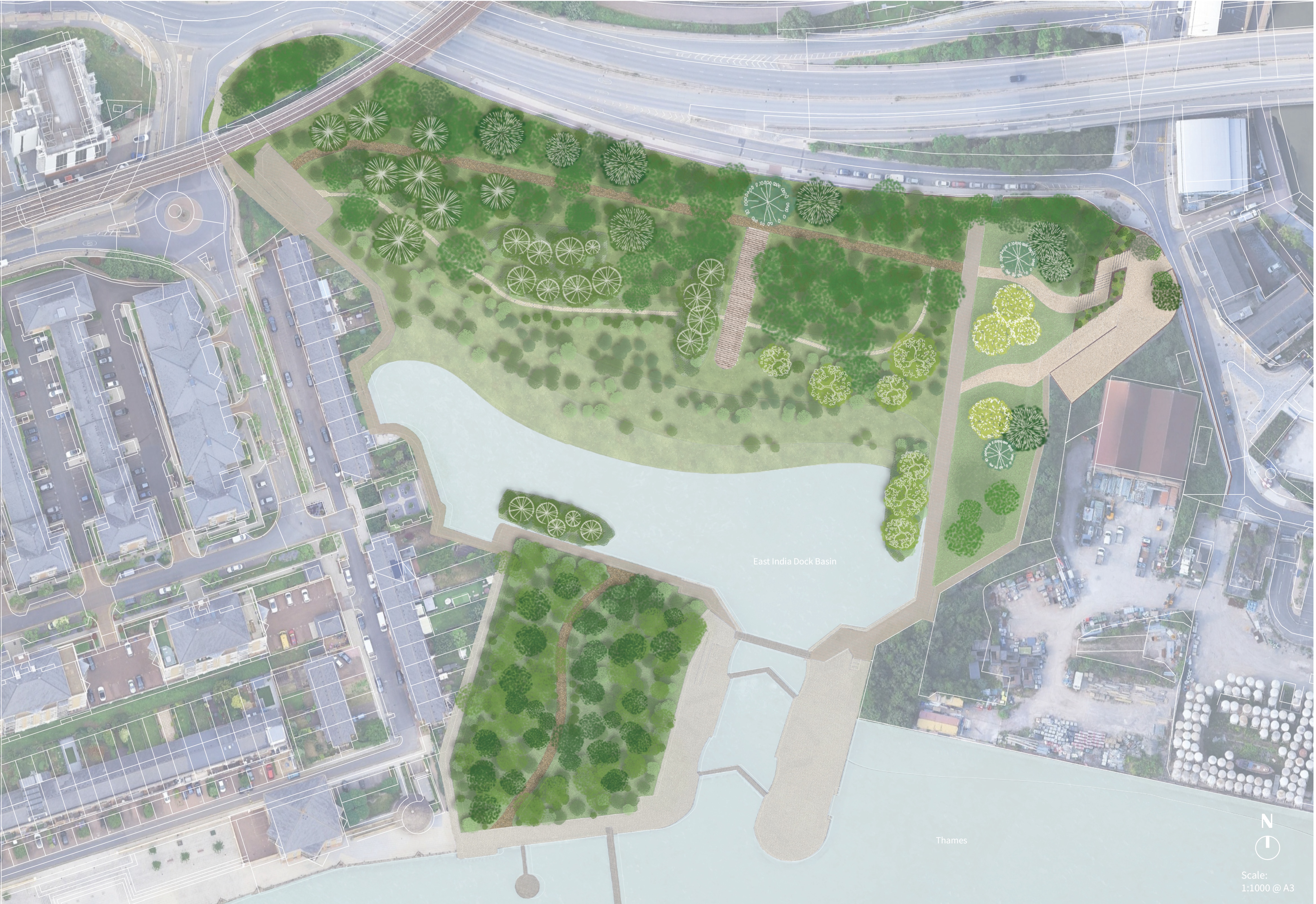 Masterplan showing the resurrected pier, the sunken boats planted up, and the ground expansion with vegetation.