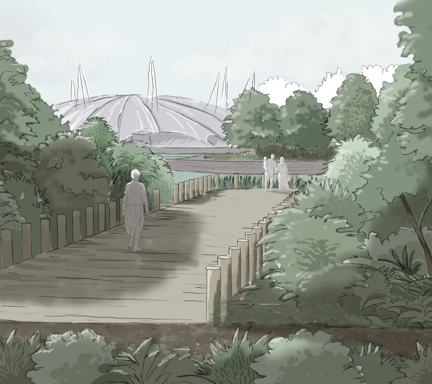 View across the Thames to the Millenium Dome from the reimagined pier.